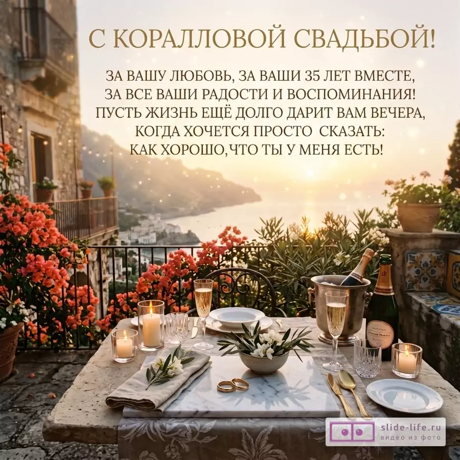 Светлый морской фон на закате, коралловые цветы, сервированный стол со свечами, бокалами, шампанским, тарелками, кольцами и букетом. Текст: «С КОРАЛЛОВОЙ СВАДЬБОЙ! ... КАК ХОРОШО, ЧТО ТЫ У МЕНЯ ЕСТЬ!»