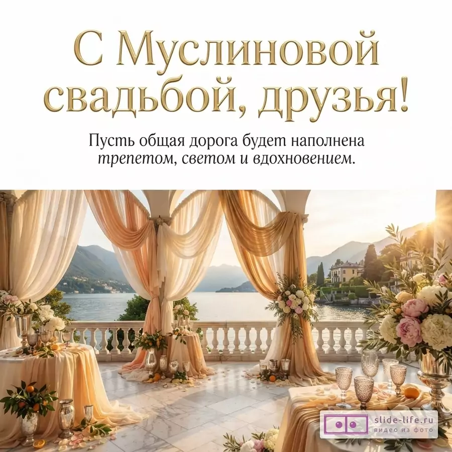 Белый фон, золотой текст, бежевые шторы, озеро, горы, цветы, сервированные столы. Текст: «С Муслиновой свадьбой, друзья! Пусть общая дорога будет наполнена трепетом, светом и вдохновением.»