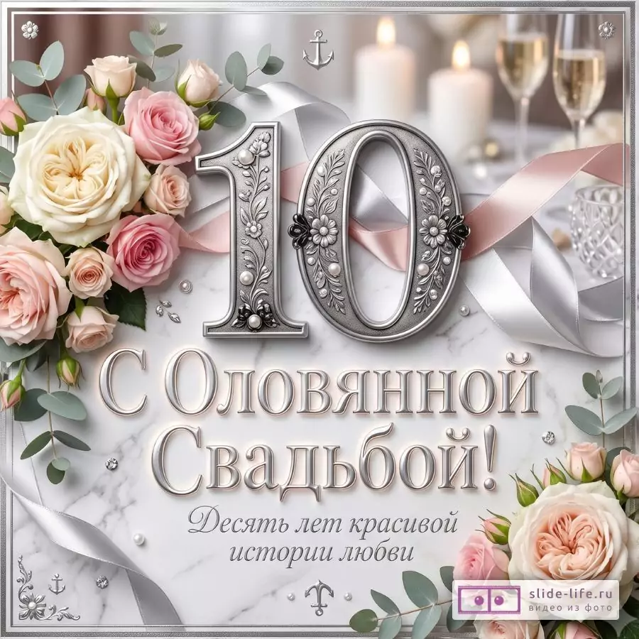 Белый и светло-серый мраморный фон, серебристые ленты, розовые и кремовые розы, свечи, бокалы, число «10», текст «С Оловянной Свадьбой! Десять лет красивой истории любви».