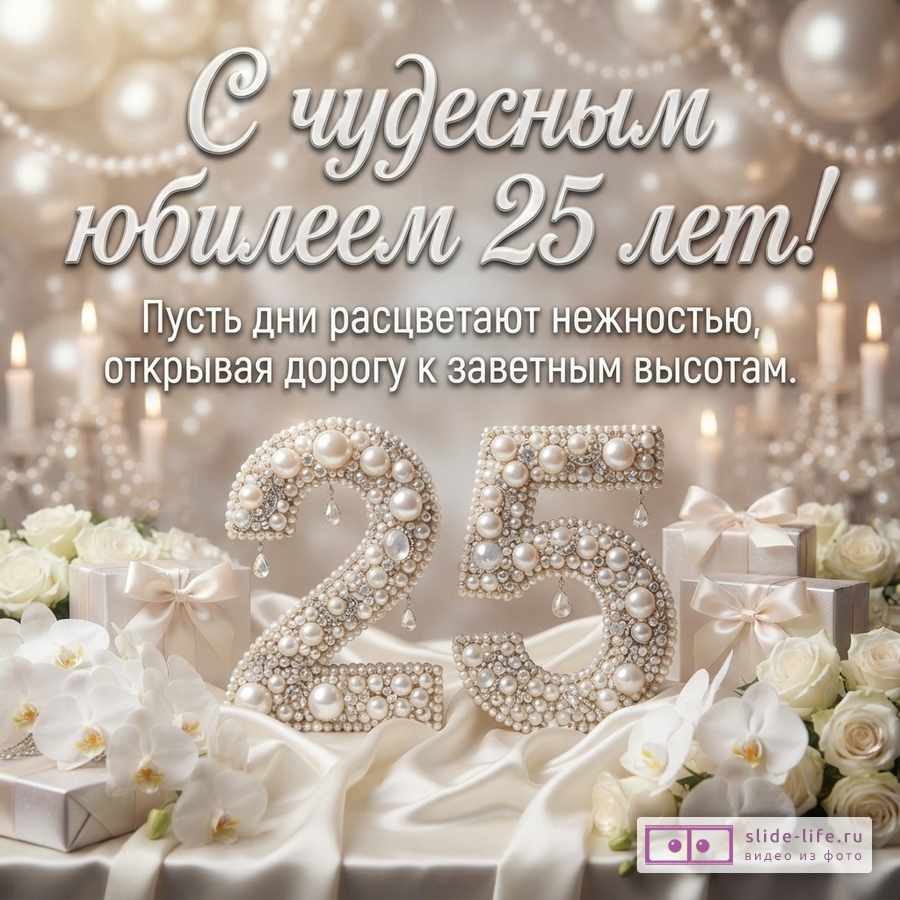 Объемная цифра 25 из жемчуга в окружении белых роз, орхидей и подарков с надписью «С чудесным юбилеем 25 лет! Пусть дни расцветают нежностью, открывая дорогу к заветным высотам.»