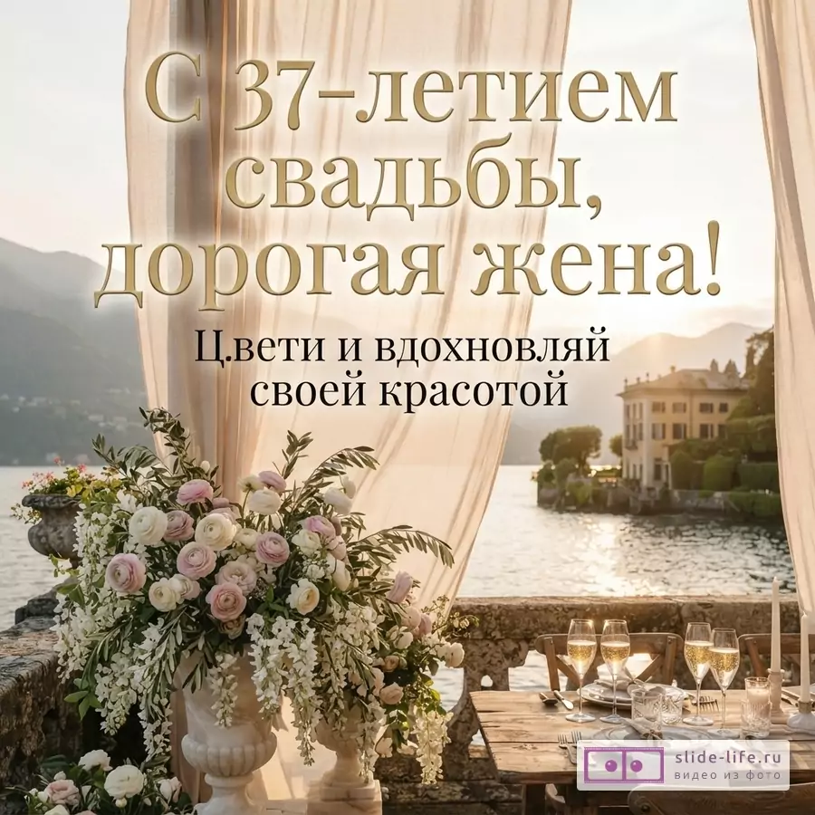 Открытка с видом на озеро и горы, на переднем плане стол с сервировкой и цветами, бежевые шторы. Текст: «С 37-летием свадьбы, дорогая жена! Цвети и вдохновляй своей красотой»