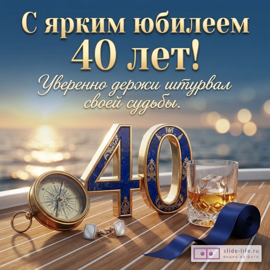 Открытка с синим фоном моря и закатом. На переднем плане деревянная палуба, на ней золотые цифры «40» с синими вставками, компас, запонки, стакан виски со льдом и синяя лента. Текст: «С ярким юбилеем 40 лет! Уверенно держи штурвал своей судьбы.»