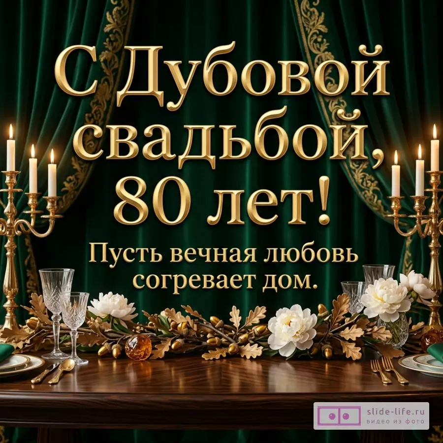 Торжественная открытка с зелёными шторами, золотым текстом «С Дубовой свадьбой, 80 лет! Пусть вечная любовь согревает дом.», свечами, цветами, сервировкой и свадебным тортом.