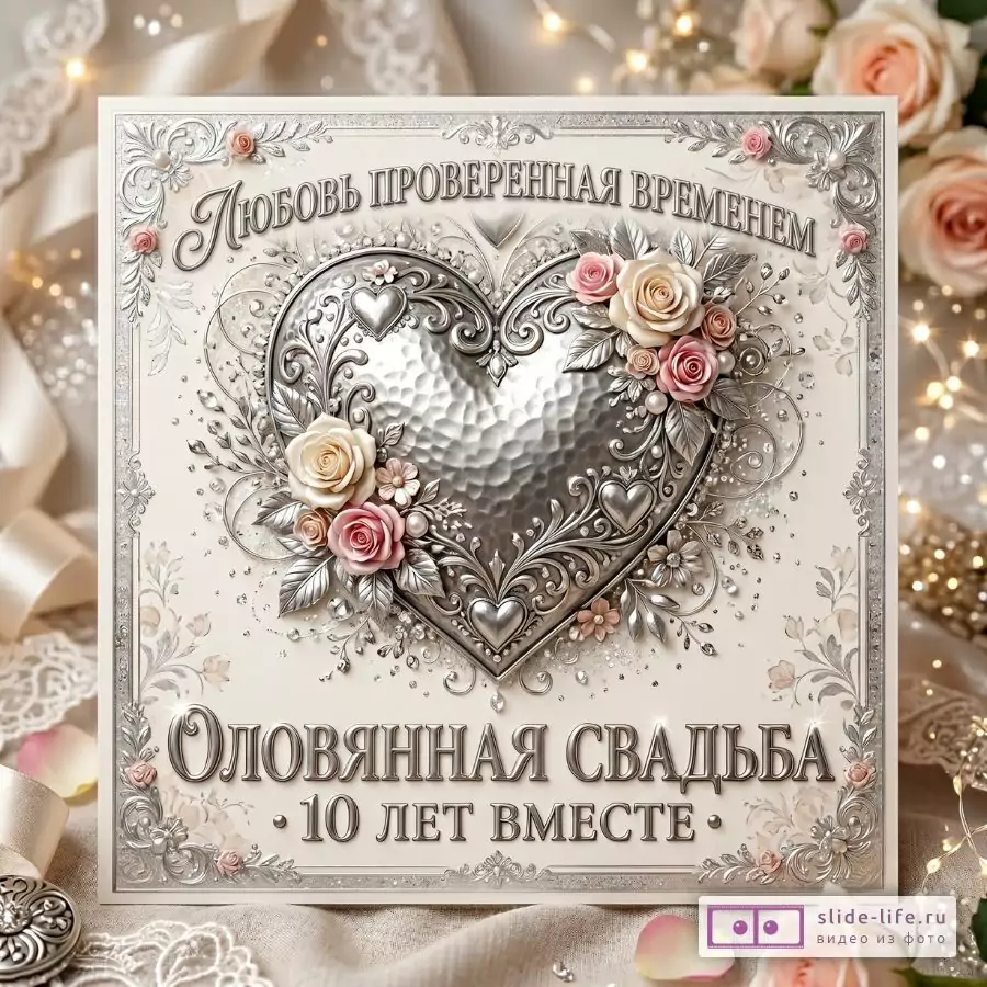 Бежево-серебристый фон с кружевом и огнями, рельефное серебряное сердце с розами и узором, текст «Любовь проверенная временем» и «Оловянная свадьба • 10 лет вместе».