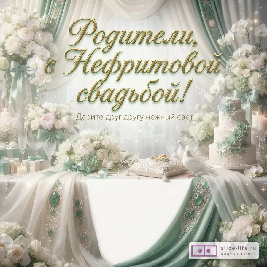Бежево-мятная свадебная открытка с цветами, драпировками, тортом, кольцами и белыми голубями. Текст: «Родители, с Нефритовой свадьбой! Дарите друг другу нежный свет.»