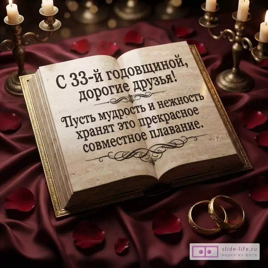 Открытая книга на бордовой ткани, свечи, лепестки роз, золотые кольца. Текст: «С 33-й годовщиной, дорогие друзья! Пусть мудрость и нежность хранят это прекрасное совместное плавание.»