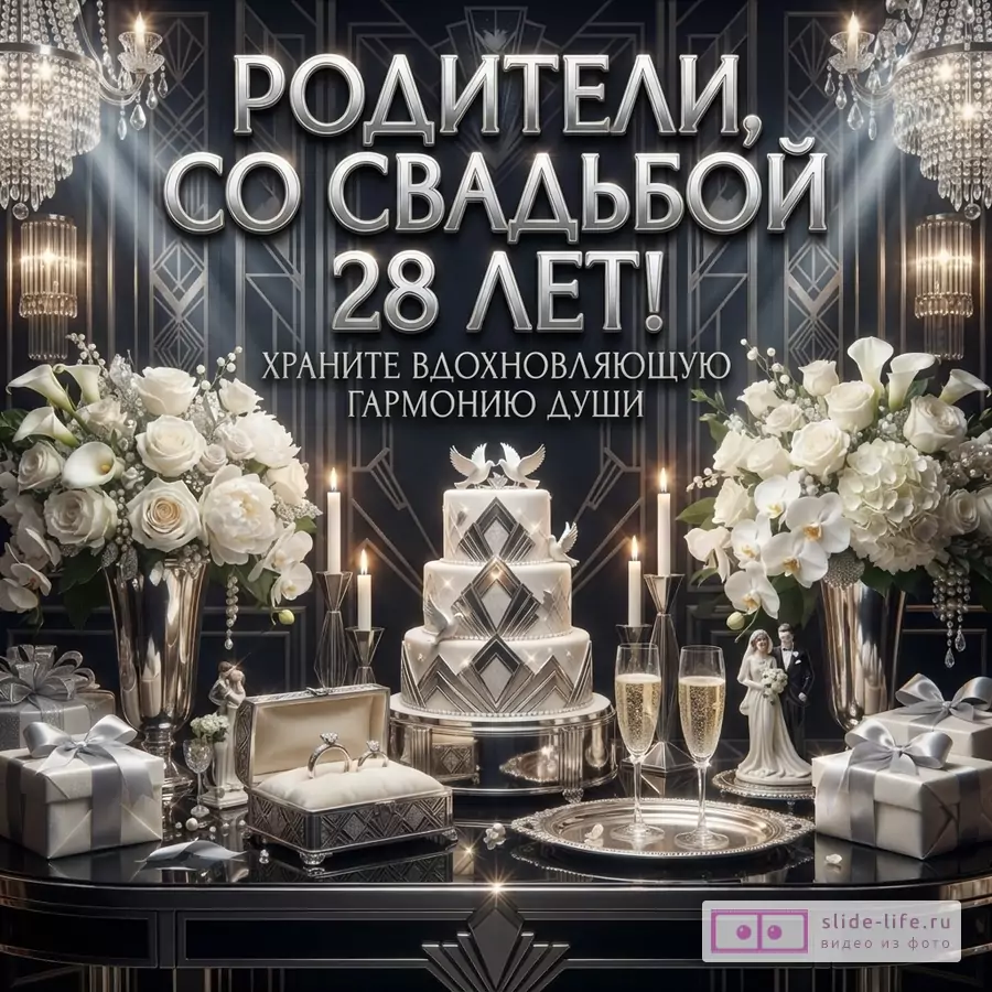 Черный фон с серебристым узором, два хрустальных канделябра, два букета белых цветов в серебряных вазах, трехъярусный торт, две свечи, две подарочные коробки, шкатулка с кольцами, две статуэтки, два бокала шампанского. Текст: «Родители, со свадьбой 28 лет! Храните вдохновляющую гармонию души»