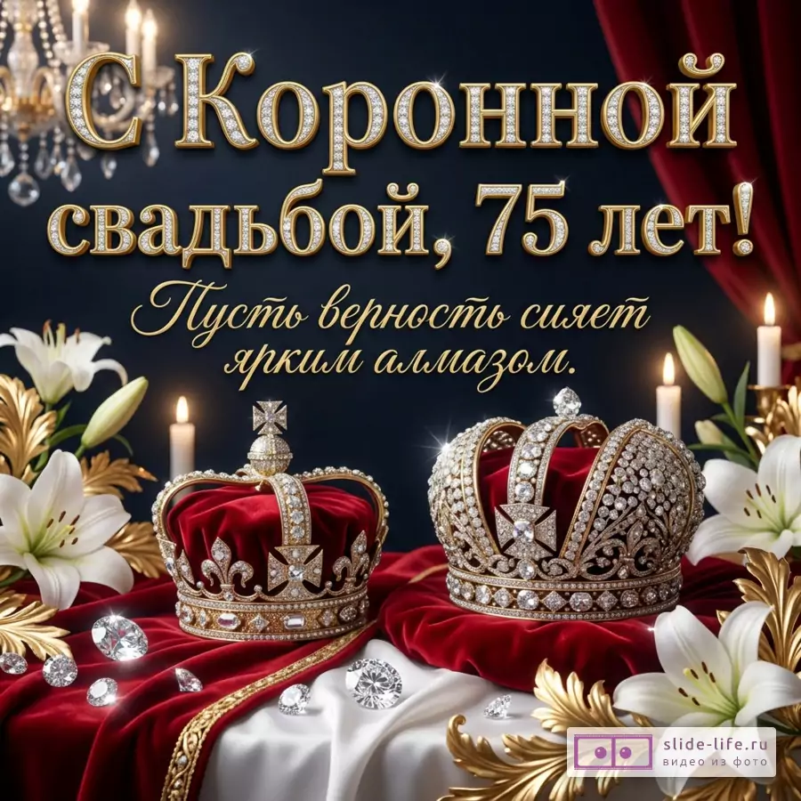 Две золотые короны с бриллиантами на красном бархате в окружении белых лилий и свечей с надписью «С Коронной свадьбой, 75 лет! Пусть верность сияет ярким алмазом.»
