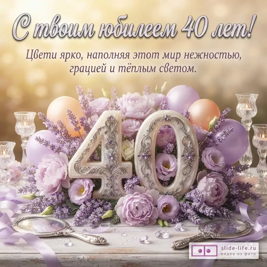 Открытка с фоном боке, цифры «40» из перламутра с фиолетовыми камнями, сиреневые цветы, воздушные шары, свечи, зеркальца. Текст: «С твоим юбилеем 40 лет! Цвети ярко, наполняя этот мир нежностью, грацией и тёплым светом.»