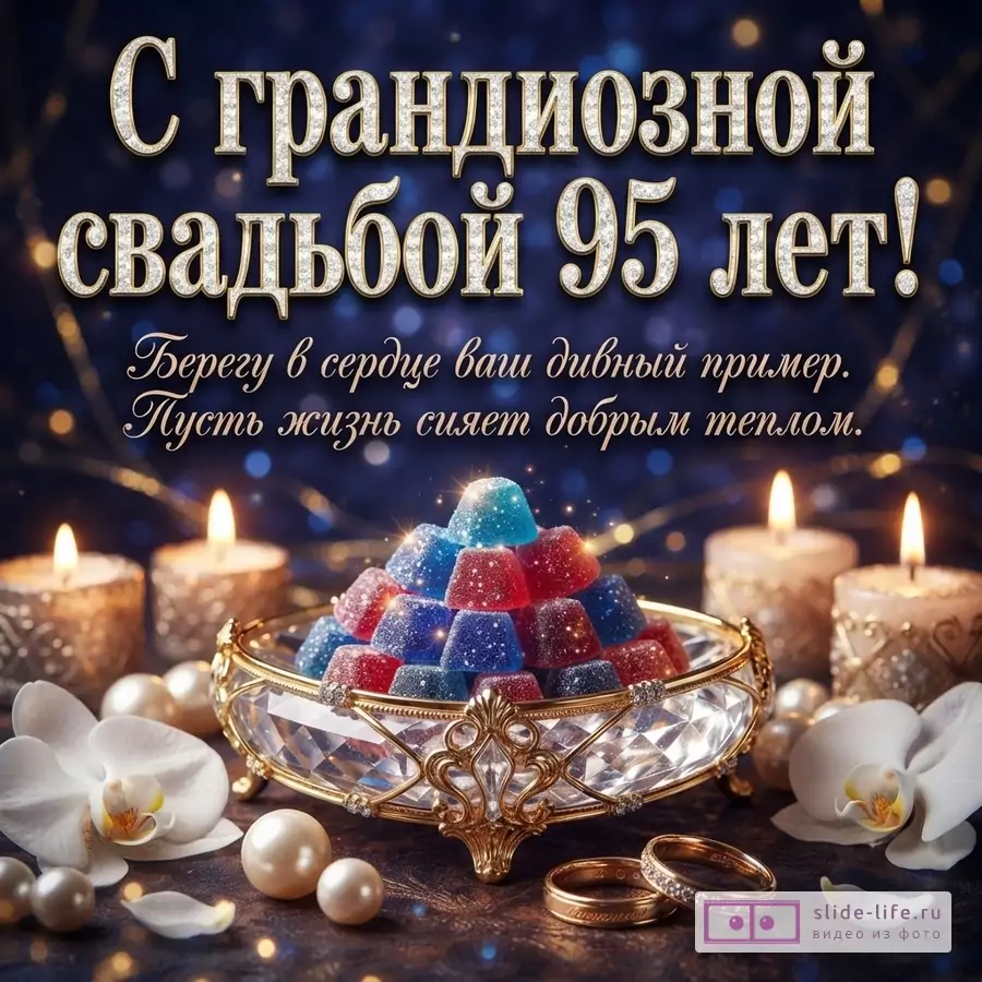 Хрустальная вазочка с мармеладом, золотые кольца, свечи и орхидеи на синем фоне с надписью «С грандиозной свадьбой 95 лет! Берегу в сердце ваш дивный пример. Пусть жизнь сияет добрым теплом.»
