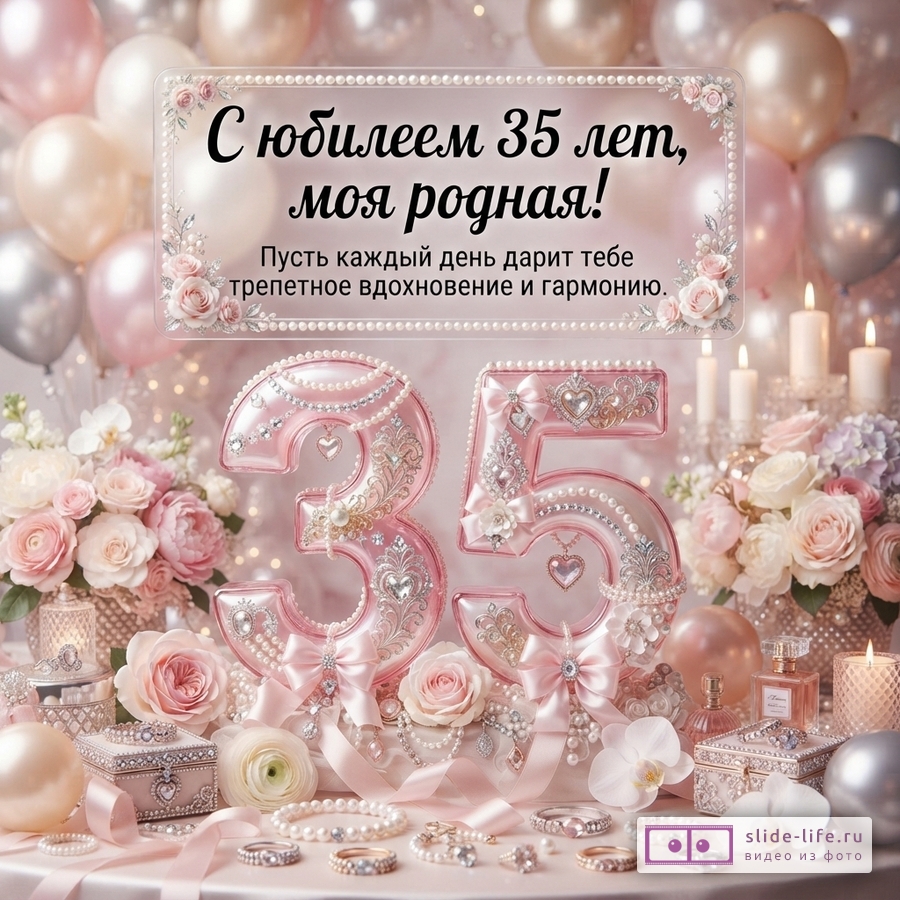 Розовая открытка с шарами и цветами, на переднем плане цифры 35 из розового стекла с жемчугом и бантами, вокруг украшения и шкатулки. Текст: «С юбилеем 35 лет, моя родная! Пусть каждый день дарит тебе трепетное вдохновение и гармонию.»
