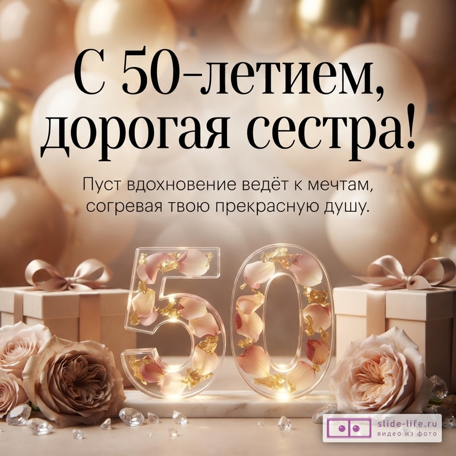 Бежевый фон, золотые шары, подарочные коробки, розы, цифры «50» с лепестками и золотой фольгой. Текст: «С 50-летием, дорогая сестра! Пусть вдохновение ведёт к мечтам, согревая твою прекрасную душу.»