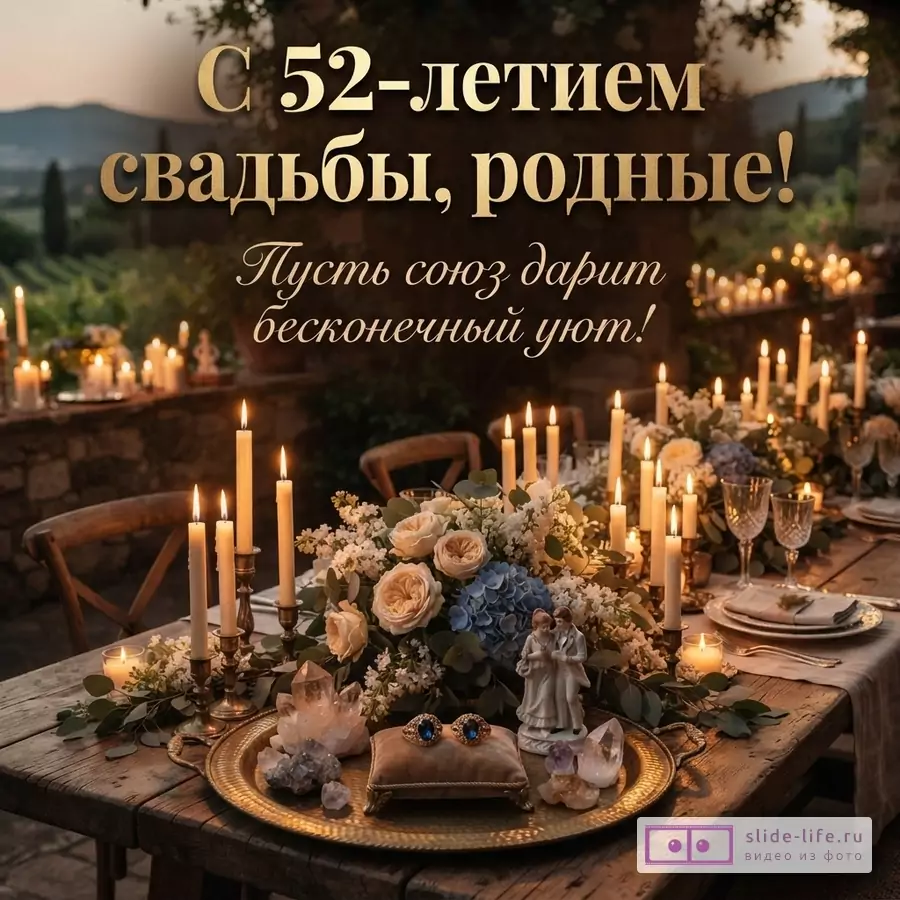 Стол с цветами, свечами, статуэткой пары и украшениями на золотом подносе, на заднем плане пейзаж. Текст: «С 52-летием свадьбы, родные! Пусть союз дарит бесконечный уют!»