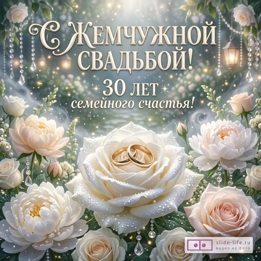 Нежный сине-зеленый фон, белые и кремовые розы с каплями, золотые обручальные кольца; текст «С ЖЕМЧУЖНОЙ СВАДЬБОЙ! 30 ЛЕТ семейного счастья!»