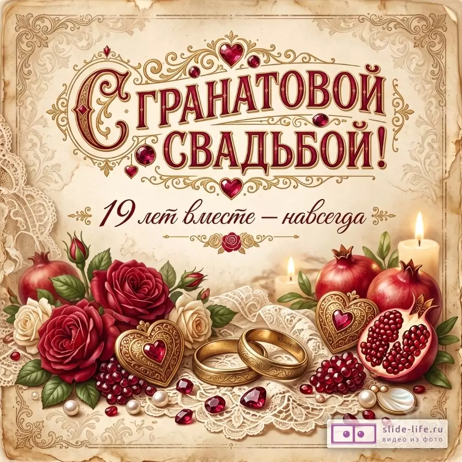 Бежевый винтажный фон, бордово-золотой декор, розы, гранаты, свечи и золотые кольца; текст «С гранатовой свадьбой! 19 лет вместе — навсегда».