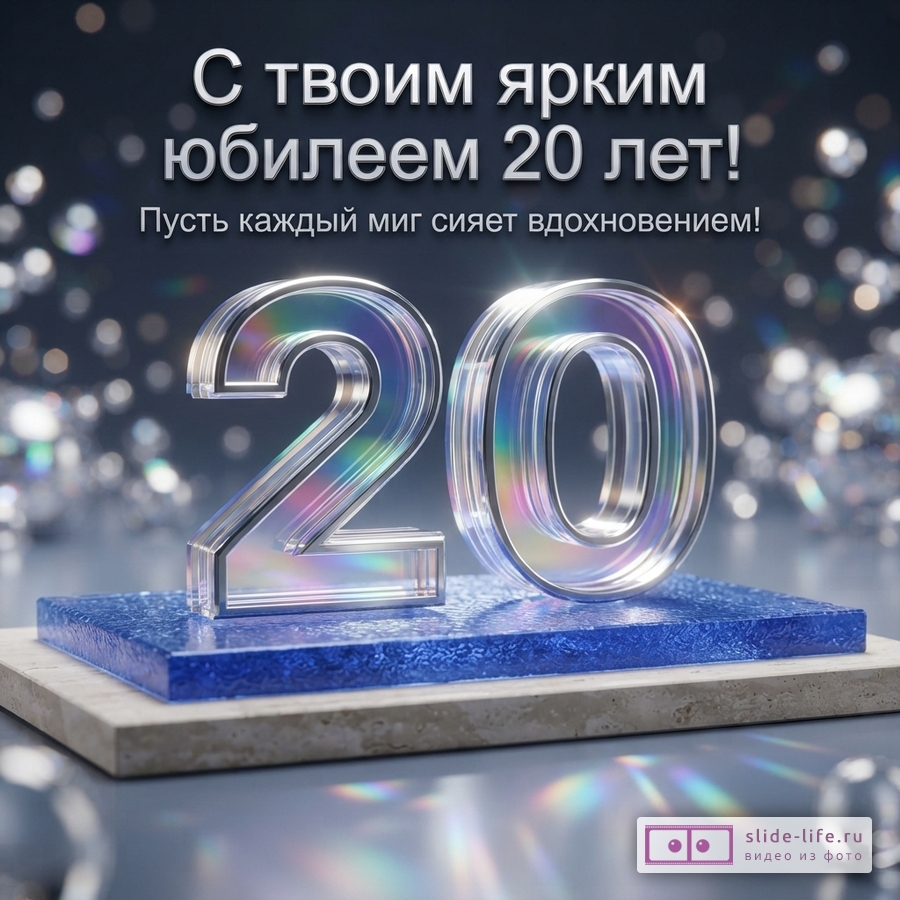 Темно-синий фон с бликами, в центре прозрачные объемные цифры «20» на синей и бежевой подставках. Текст: «С твоим ярким юбилеем 20 лет! Пусть каждый миг сияет вдохновением!»