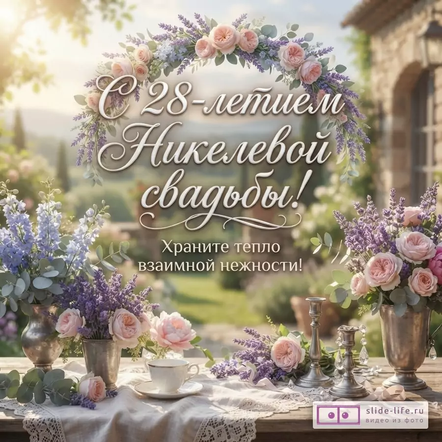 Открытка с цветочной аркой из роз и лаванды, на фоне солнечного сада. На переднем плане стол с цветами, чашкой и подсвечниками. Текст: «С 28-летием Никелевой свадьбы! Храните тепло взаимной нежности!»