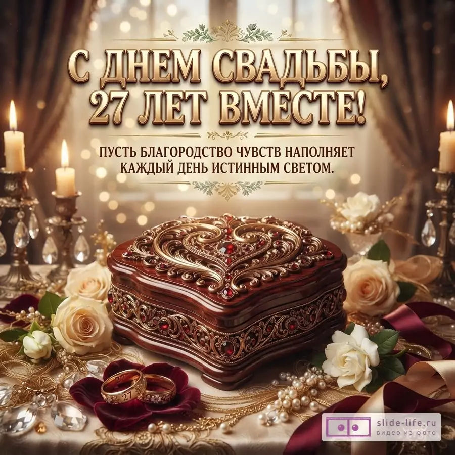 Открытка с золотым текстом на фоне свечей и шкатулки. Текст: «С ДНЕМ СВАДЬБЫ, 27 ЛЕТ ВМЕСТЕ! ПУСТЬ БЛАГОРОДСТВО ЧУВСТВ НАПОЛНЯЕТ КАЖДЫЙ ДЕНЬ ИСТИННЫМ СВЕТОМ.»