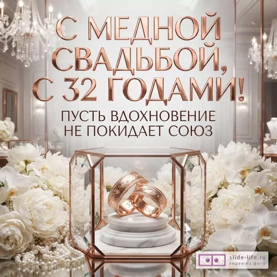 Фон светлый, интерьер ювелирного магазина. В центре стеклянная витрина с двумя медными кольцами. Вокруг витрины белые цветы и жемчуг. Текст «С Медной свадьбой, с 32 годами! Пусть вдохновение не покидает союз»