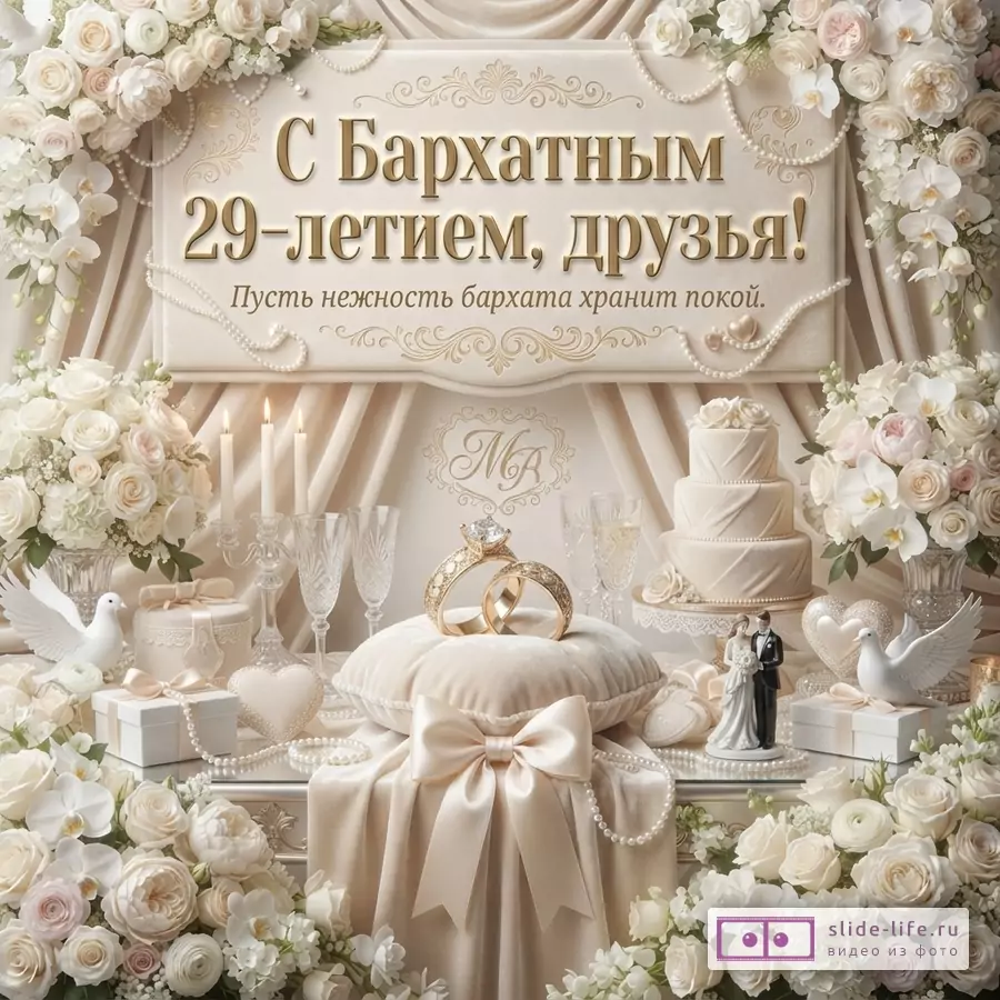 Бежевая открытка с цветами, свечами, кольцами, тортом и жемчужным декором. Текст «С Бархатным 29-летием, друзья! Пусть нежность бархата хранит покой.»