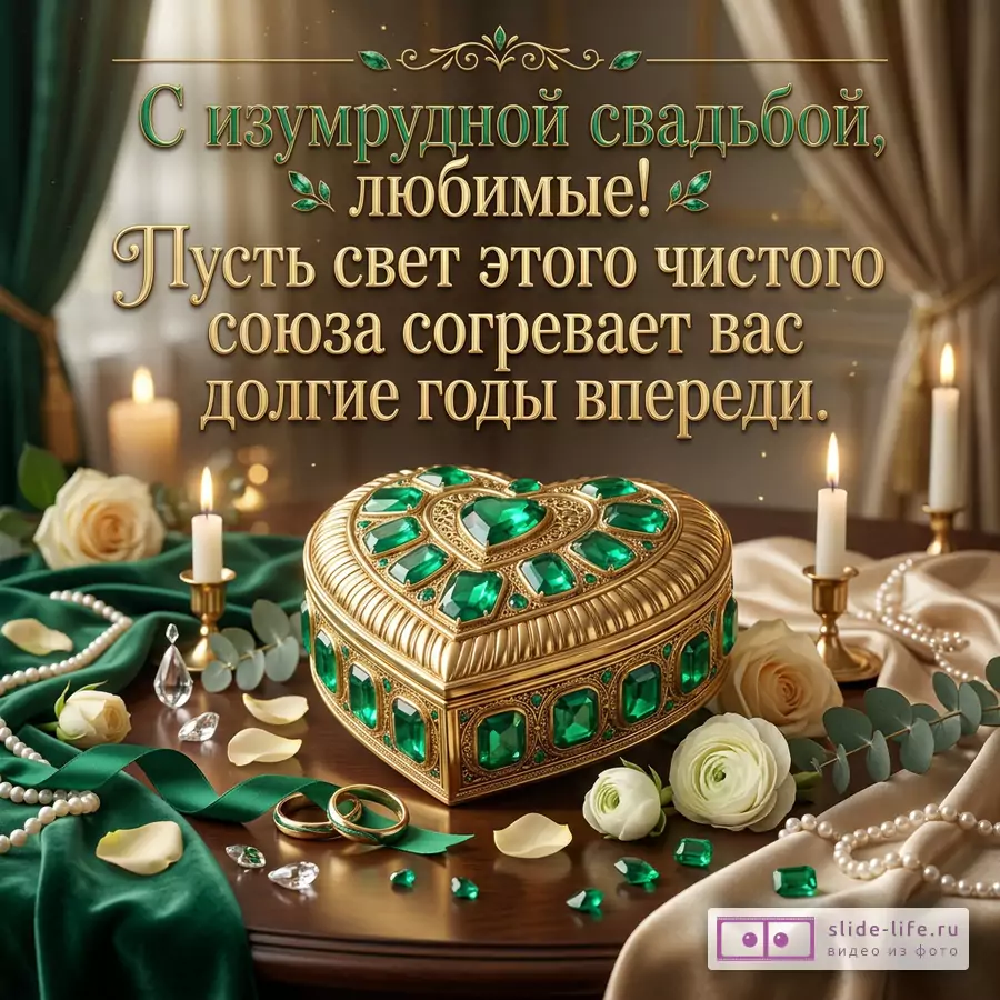 Открытка к 55-летию свадьбы, золотая шкатулка-сердце с зелеными изумрудами, свечи, белые розы, кольца, жемчуг, зеленая и бежевая ткань, текст «С изумрудной свадьбой, любимые! Пусть свет этого чистого союза согревает вас долгие годы впереди.»