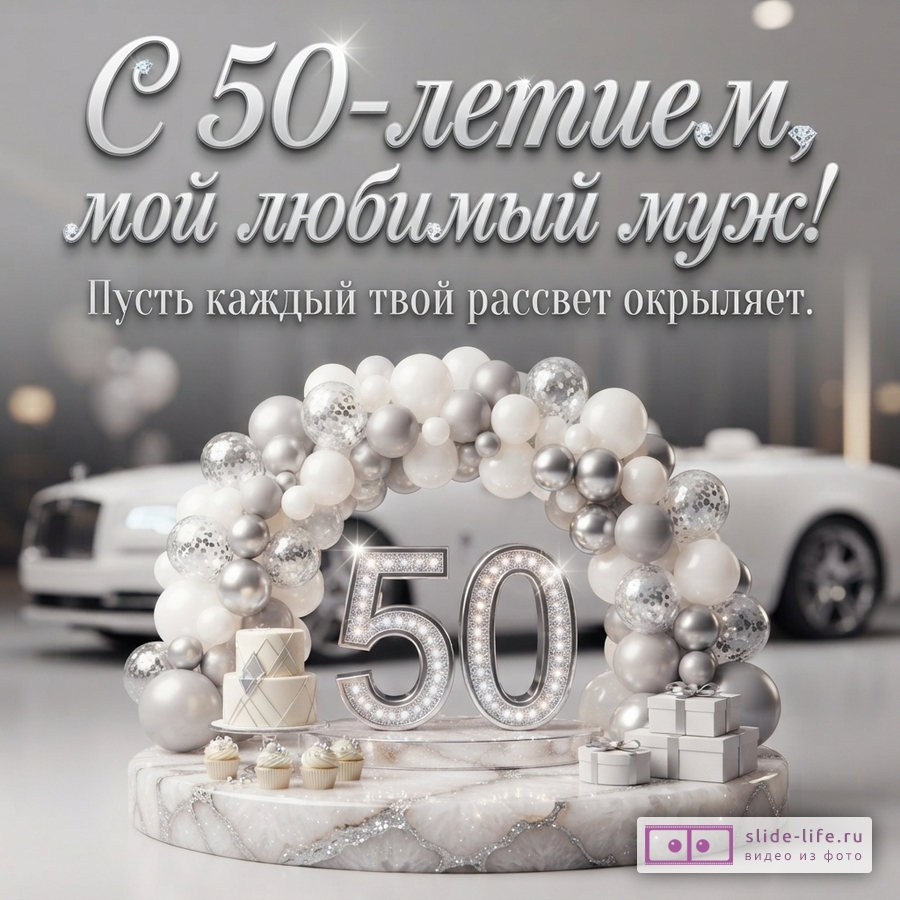 Открытка с серым фоном, сверху текст, снизу арка из белых и серых шаров, цифры 50 со стразами, торт, кексы, подарки. Текст: «С 50-летием, мой любимый муж! Пусть каждый твой рассвет окрыляет.»