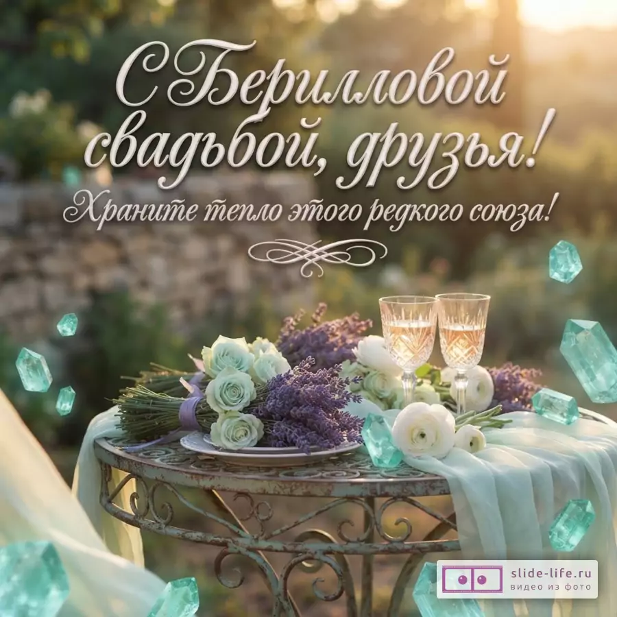 Столик с бокалами, лавандой, белыми розами и кристаллами на фоне заката с надписью «С Бериллиевой свадьбой, друзья! Храните тепло этого редкого союза!»