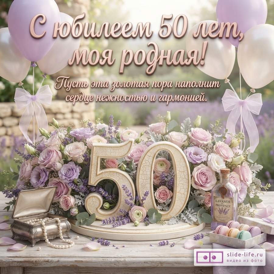 Открытка с сиреневыми и белыми воздушными шарами, на фоне каменной стены и зелени. На переднем плане букет из сиреневых и розовых цветов, цифры «50», шкатулка с жемчугом, флакон «LAVANDE PROVENCE» и коробка с макарунами. Текст: «С юбилеем 50 лет, моя родная! Пусть эта золотая пора наполнит сердце нежностью и гармонией.»