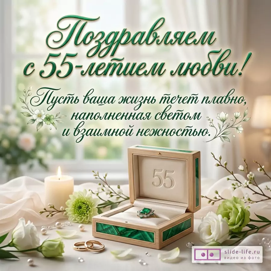 Открытка с текстом «Поздравляем с 55-летием любви! Пусть ваша жизнь течет плавно, наполненная светом и взаимной нежностью.» светлый бежевый фон, белые и зеленые цветы, свеча, кольца, шкатулка с числом 55 и кольцом