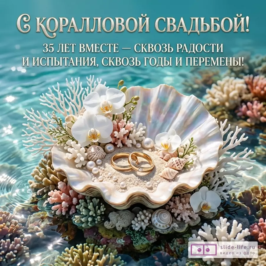 Бирюзовый морской фон с кораллами, раковиной, двумя золотыми кольцами и белыми цветами; текст «С КОРАЛОВОЙ СВАДЬБОЙ! 35 ЛЕТ ВМЕСТЕ — СКВОЗЬ РАДОСТИ И ИСПЫТАНИЯ, СКВОЗЬ ГОДЫ И ПЕРЕМЕНЫ!»