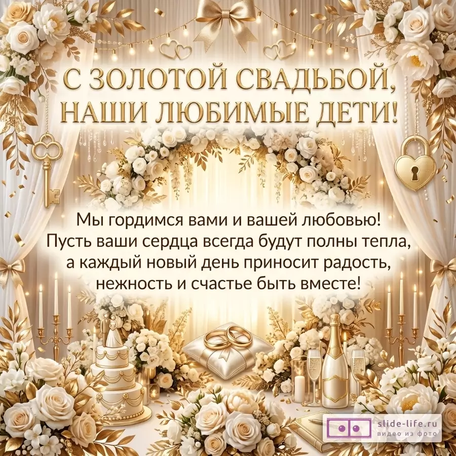 Бежево-золотая открытка с цветами, кольцами, тортом, свечами и шампанским. Текст: «С ЗОЛОТОЙ СВАДЬБОЙ, НАШИ ЛЮБИМЫЕ ДЕТИ!»