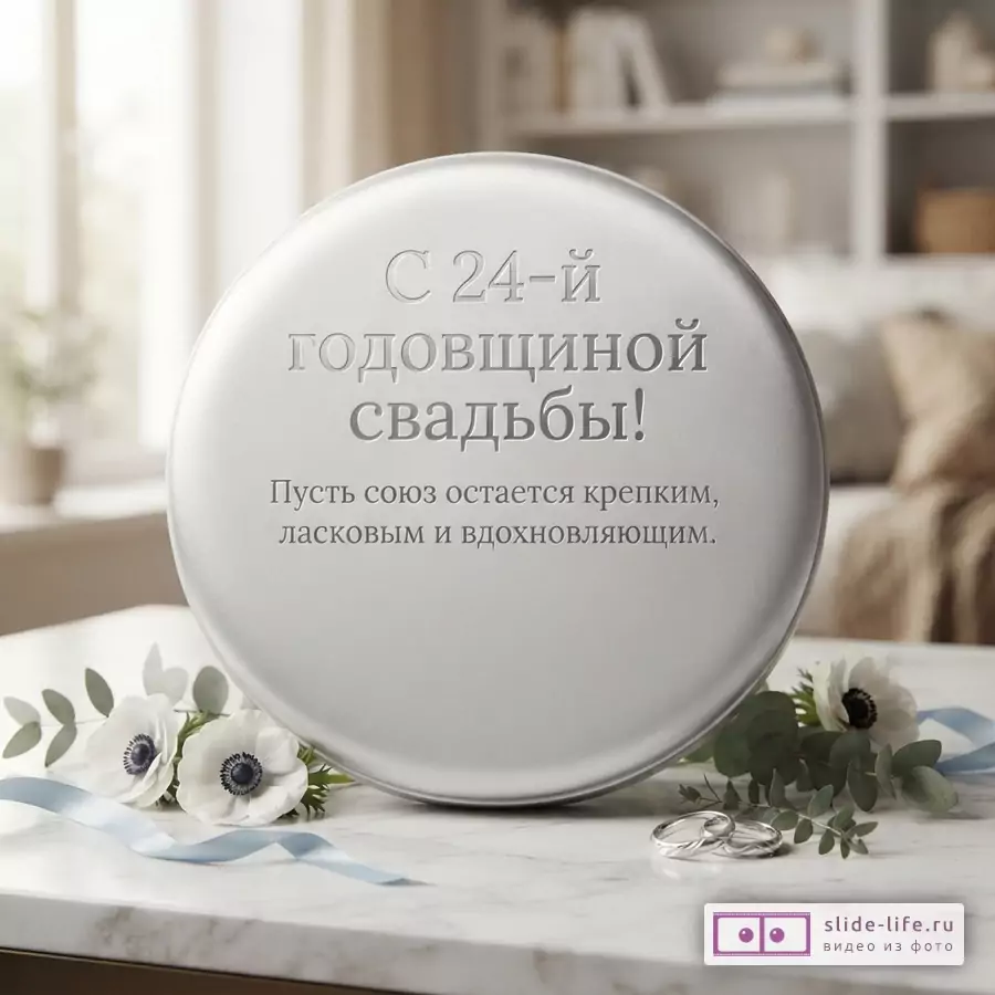 Круглая серебристая плакетка с надписью «С 24-й годовщиной свадьбы! Пусть союз остается крепким, ласковым и вдохновляющим.», белые анемоны и обручальные кольца на мраморном столе.