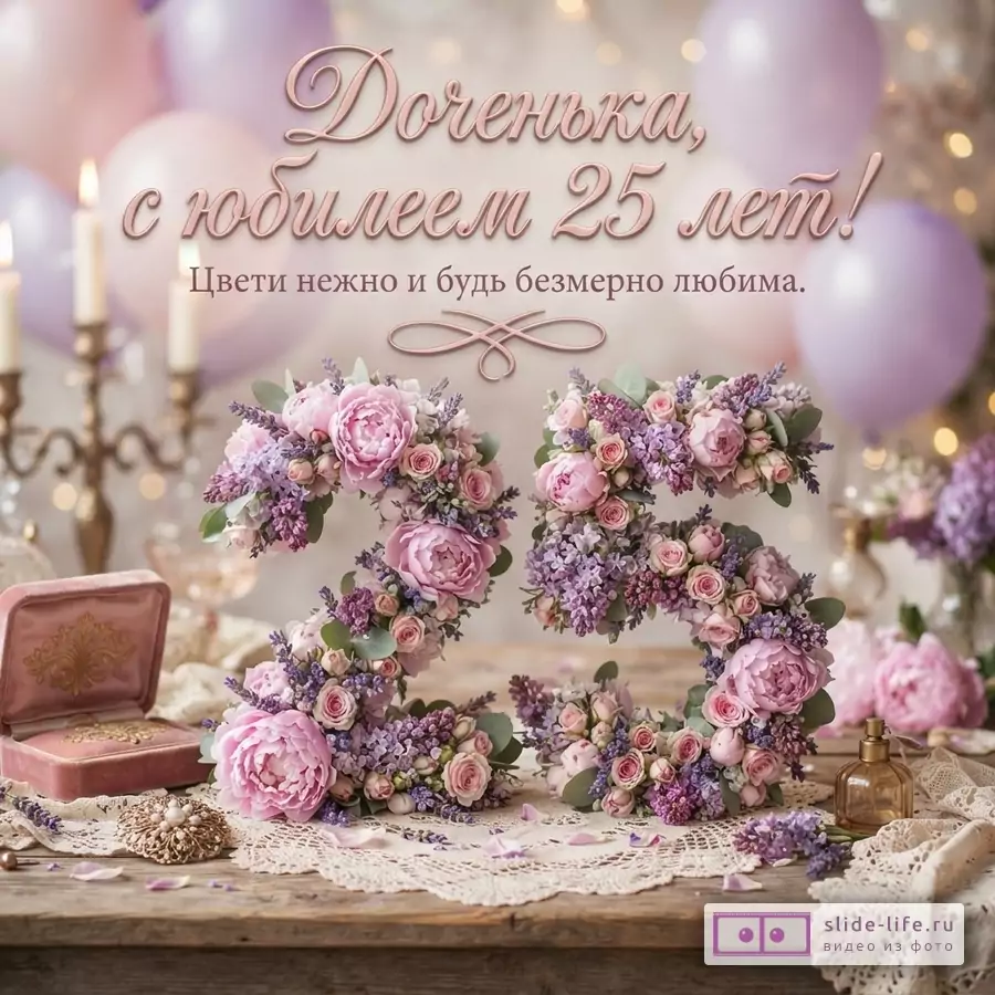 Объемная цифра 25 из сиреневых и розовых цветов на деревянном столе с надписью «Доченька, с юбилеем 25 лет! Цвети нежно и будь безмерно любима.» на фоне шаров.