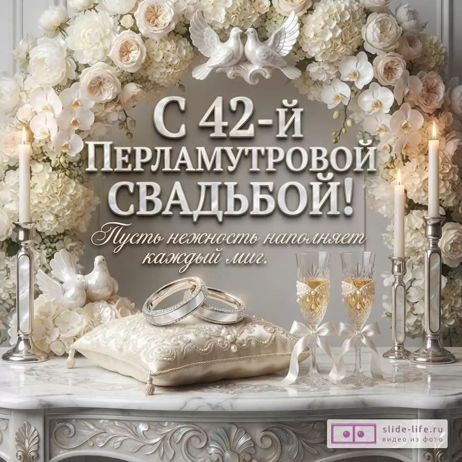 Фон серый, цветочная арка из белых цветов, две белые голубки, две свечи, два бокала с шампанским, два обручальных кольца на подушечке. Текст: «С 42-й Перламутровой свадьбой! Пусть нежность наполняет каждый миг.»