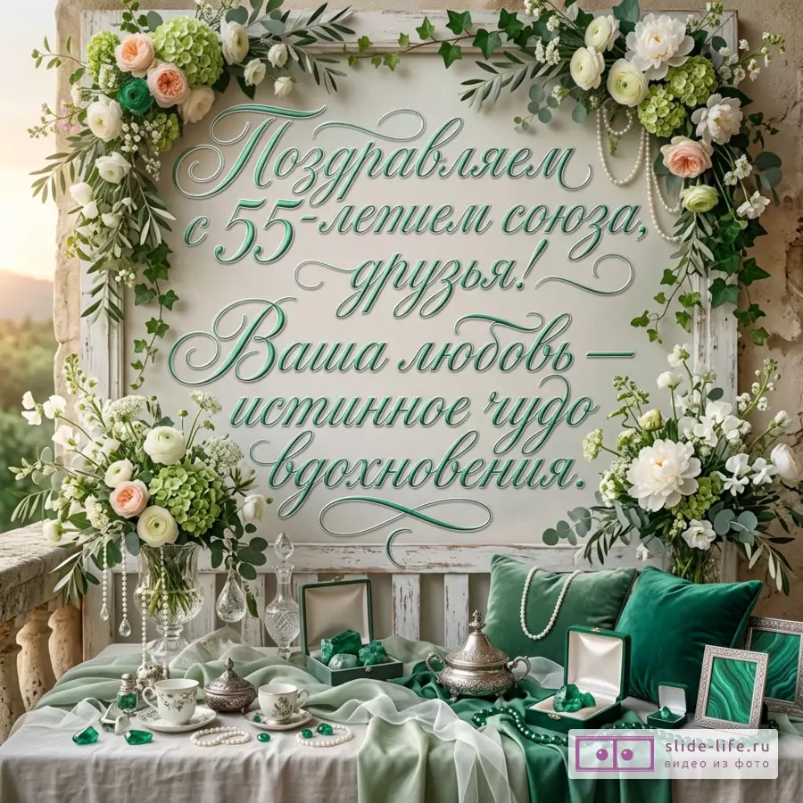Открытка с текстом «Поздравляем с 55-летием союза, друзья! Ваша любовь — истинное чудо вдохновения.» светлый фон, зеленый плющ, белые и персиковые цветы, жемчуг, изумрудные украшения, свечи, шкатулки