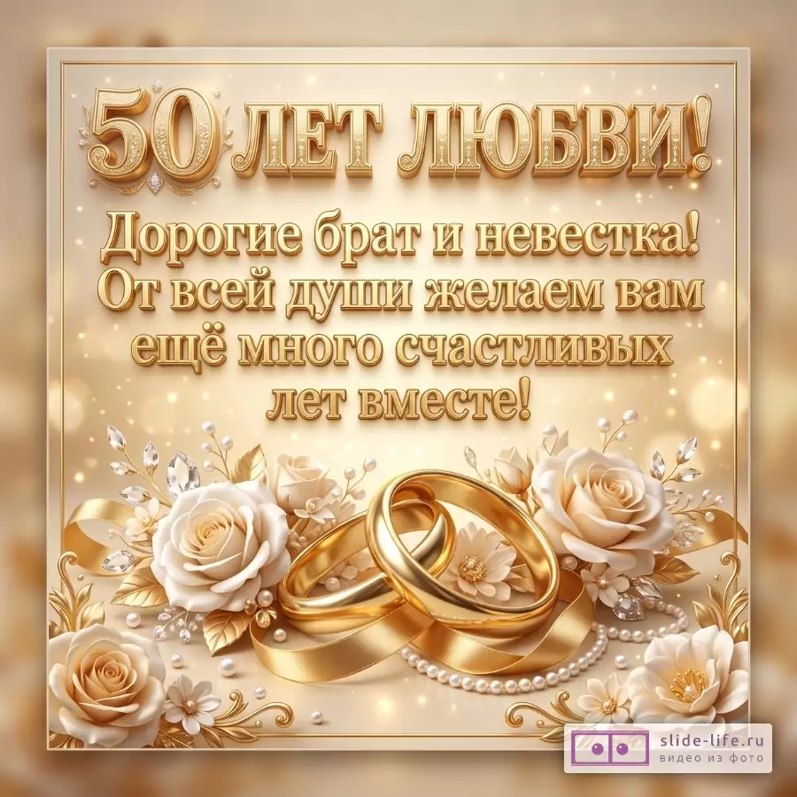 Бежево-золотой фон с блестками, золотые кольца, белые розы, жемчуг и ленты. Текст: «50 лет любви! Дорогие брат и невестка! От всей души желаем вам ещё много счастливых лет вместе!»