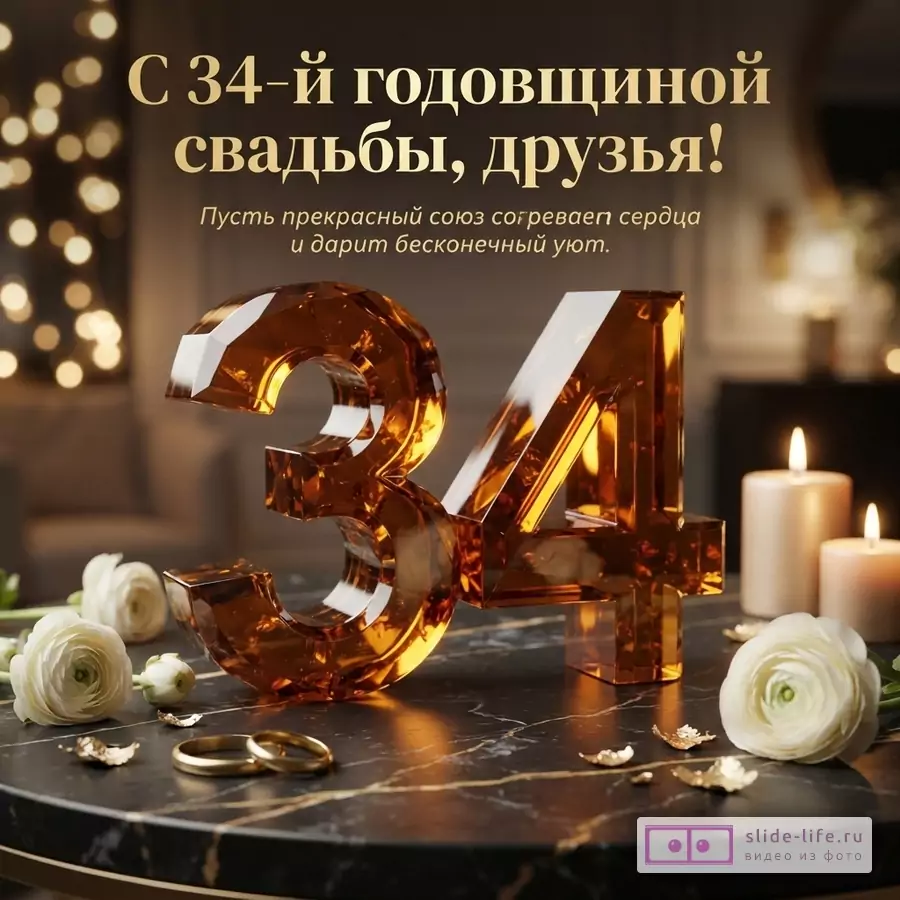 Темный фон с размытыми огоньками, золотой текст, янтарные цифры «34», белые цветы, золотые кольца, свечи. Текст: «С 34-й годовщиной свадьбы, друзья! Пусть прекрасный союз согревает сердца и дарит бесконечный уют.»