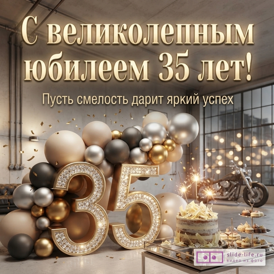 Золотисто-бежевые и черные воздушные шары, цифры 35, торт, свечи и мотоцикл на фоне индустриального интерьера. Текст: «С великолепным юбилеем 35 лет! Пусть смелость дарит яркий успех.»