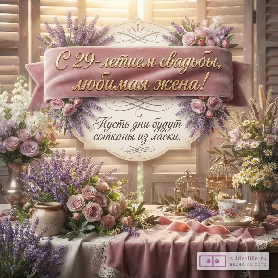 Открытка с лавандой и розами на фоне окна, на столе розовая скатерть, чашка и декоративные клетки. Текст: «С 29-летием свадьбы, любимая жена! Пусть дни будут сотканы из ласки.»