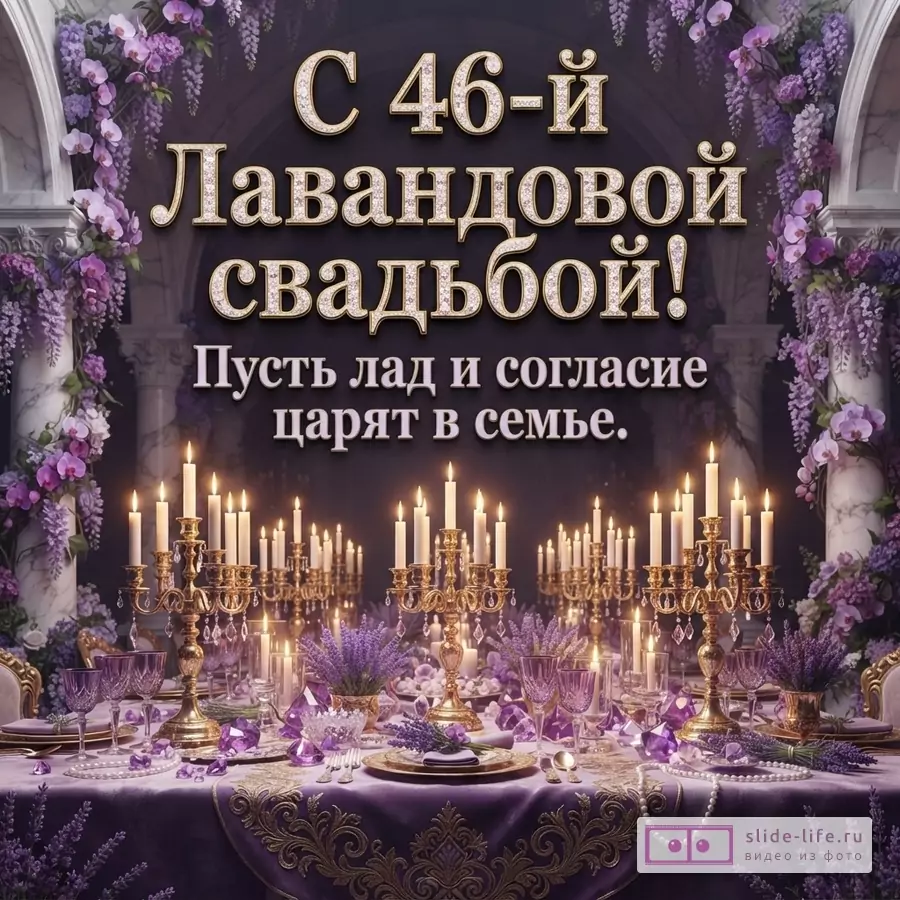 Темно-фиолетовый фон, сверху свисают лавандовые цветы. В центре надпись «С 46-й Лавандовой свадьбой! Пусть лад и согласие царят в семье.». Внизу накрытый стол с фиолетовой скатертью, свечами в золотых подсвечниках, лавандой и фиолетовыми бокалами.