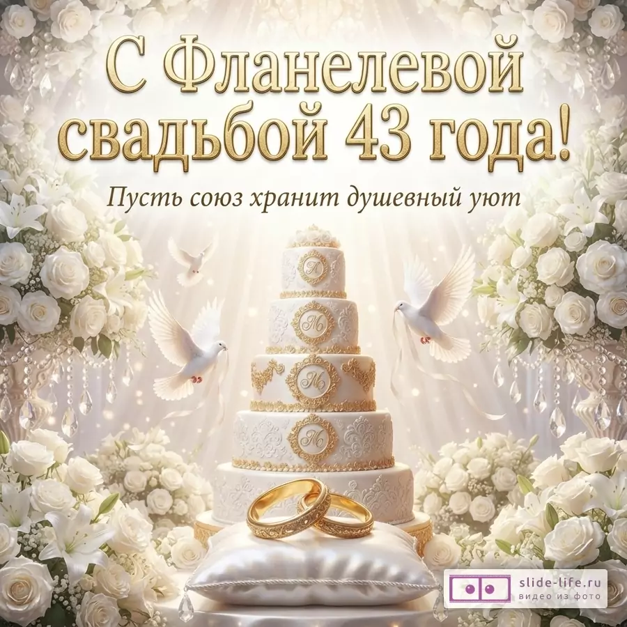 Открытка с белым фоном, золотыми буквами и белыми розами. В центре многоярусный свадебный торт, обручальные кольца на подушке, белые голуби. Текст «С Фланелевой свадьбой 43 года! Пусть союз хранит душевный уют»
