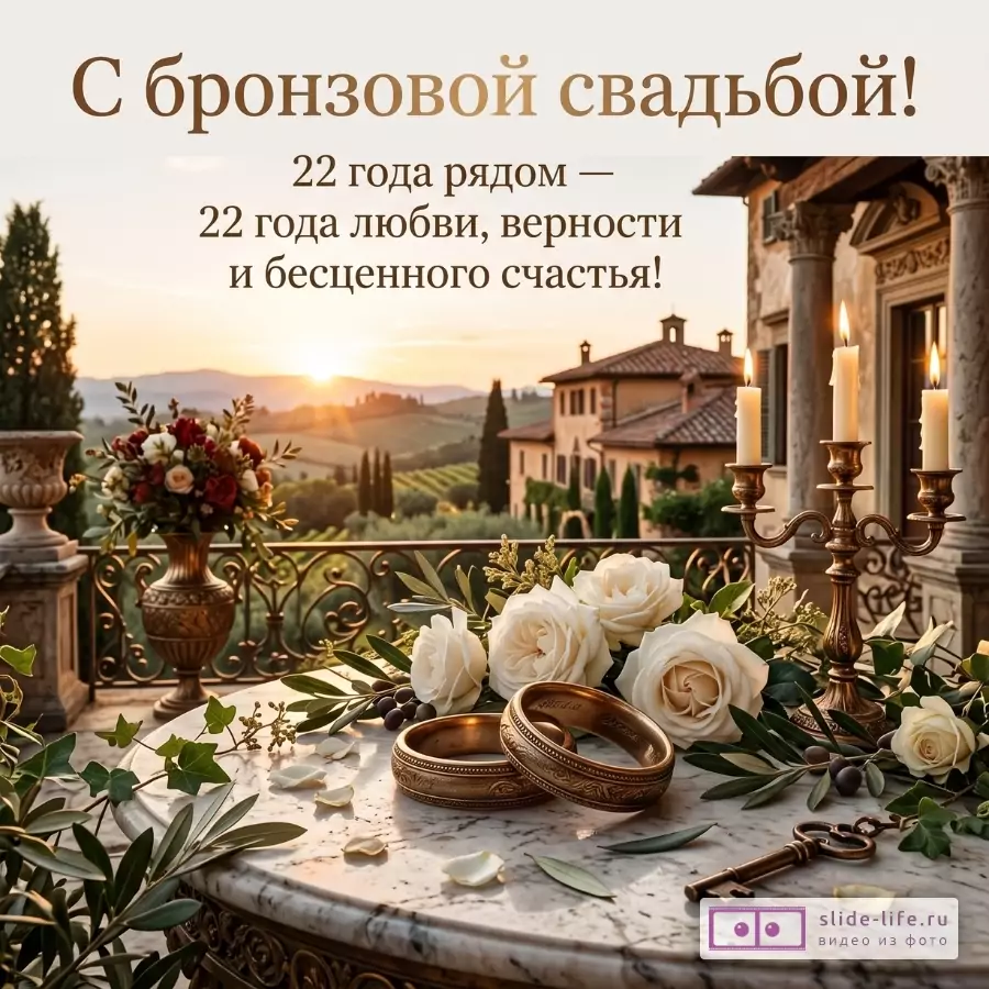 Бежево-золотой фон с итальянской виллой, свечами, белыми розами, кольцами и ключом; текст «С бронзовой свадьбой! 22 года рядом — 22 года любви, верности и бесценного счастья!»