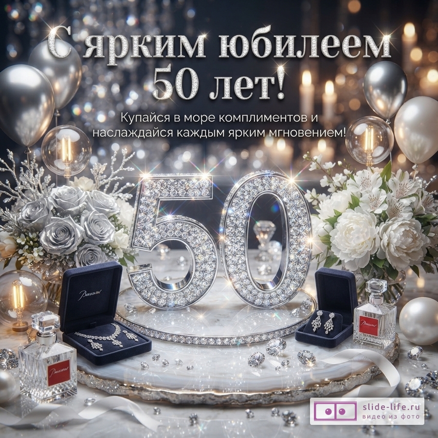 Фон темный, с бликами. В центре крупные цифры «50» из бриллиантов. Вокруг цифр цветы, воздушные шары, флаконы духов, ювелирные украшения. Текст сверху: «С ярким юбилеем 50 лет! Купайся в море комплиментов и наслаждайся каждым ярким мгновением!»