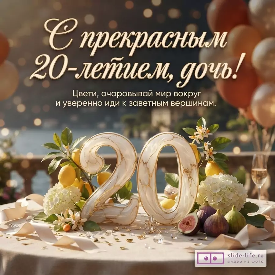 Праздничный фон с шарами, столом, цветами, лимонами, инжиром и крупной цифрой 20, текст «С прекрасным 20-летием, дочь! Цвети, очаровывай мир вокруг и уверенно иди к заветным вершинам.»