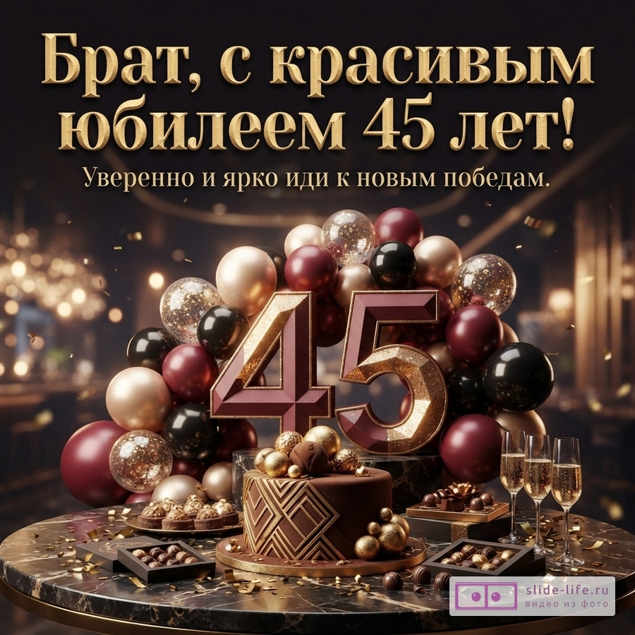 Темный фон, золотые буквы, надпись «Брат, с красивым юбилеем 45 лет! Уверенно и ярко иди к новым победам.». Цифры 45, шары, торт, конфеты, бокалы с шампанским.