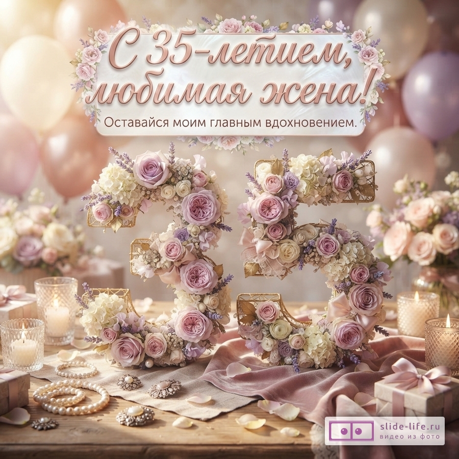Открытка с белым фоном, розовыми воздушными шарами. В центре надпись «С 35-летием, любимая жена! Оставайся моим главным вдохновением.». Внизу на столе цифры «35» из цветов, свечи, жемчуг, подарки.