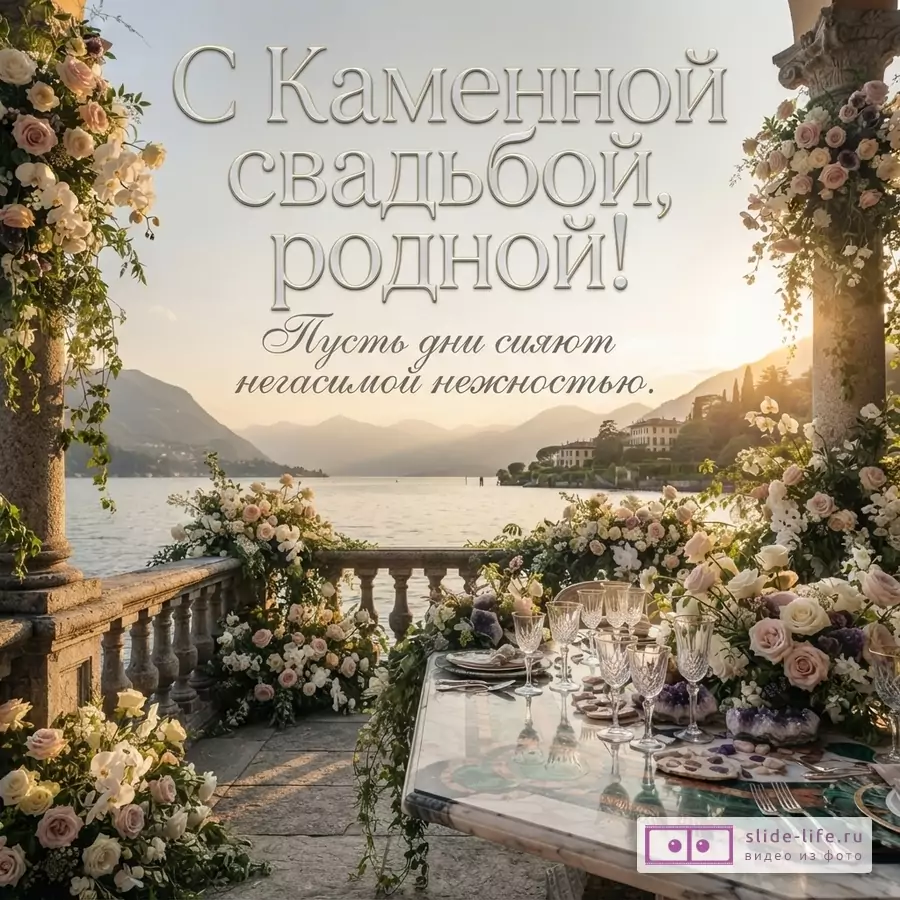 Открытка с видом на озеро и горы на закате, на переднем плане сервированный стол на террасе, украшенной цветами. Текст: «С Каменной свадьбой, родной! Пусть дни сияют негасимой нежностью.»