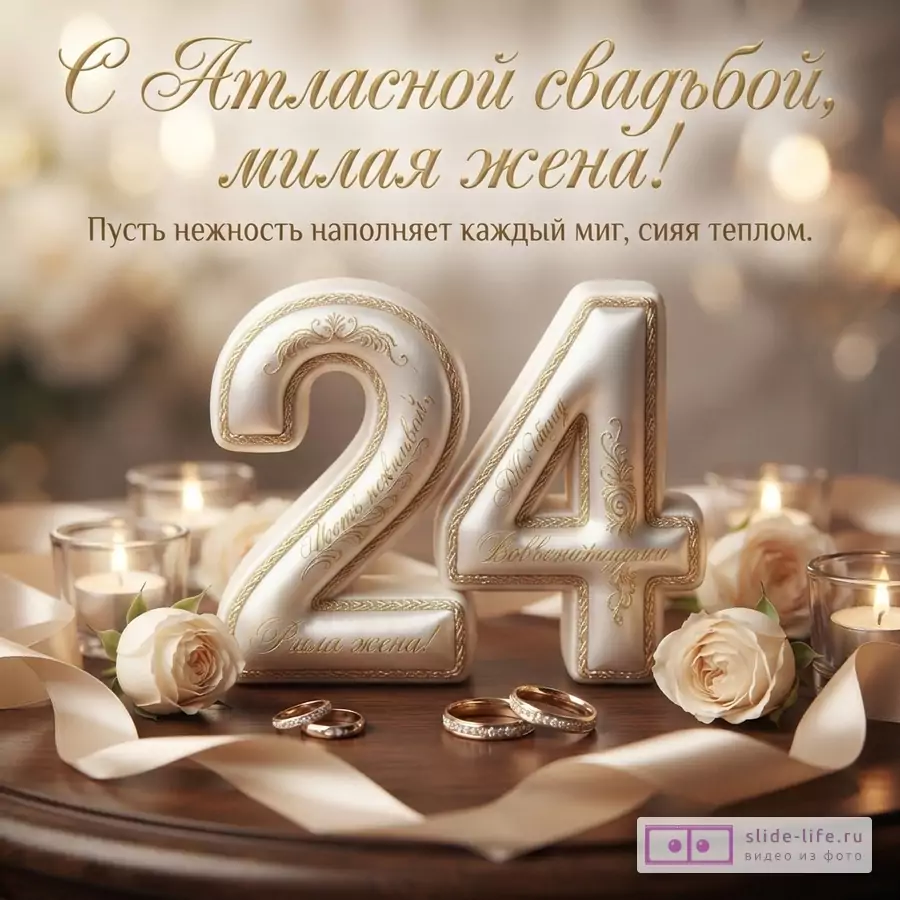Объемная атласная цифра 24 с золотой вышивкой, свечи, белые розы и обручальные кольца с надписью «С Атласной свадьбой, милая жена! Пусть нежность наполняет каждый миг, сияя теплом.»