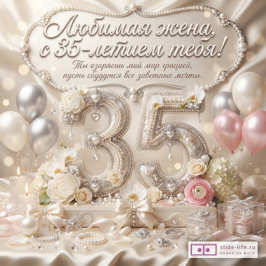 Открытка с жемчужным декором, цифрами «35», цветами, шарами и свечами на бежевом фоне. Текст: «Любимая жена, с 35-летием тебя! Ты озаряешь мой мир грацией, пусть сбудутся все заветные мечты.»
