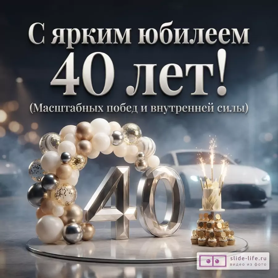 Открытка с темным фоном, сверху текст «С ярким юбилеем 40 лет! (Масштабных побед и внутренней силы)». Внизу композиция из шаров, цифры 40 и торта с фейерверками. На заднем плане размытый силуэт белого автомобиля.
